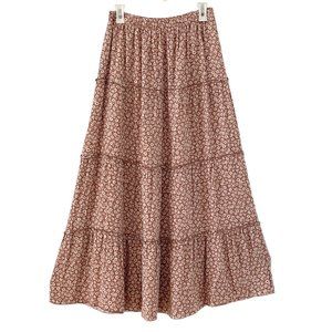 bohme floral maxi skirt tiered ruffle brown white rayon bohemian Sz XL